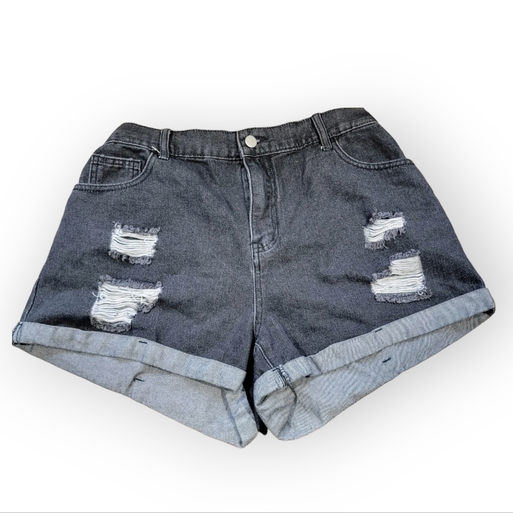 Shein Curve Black light wash distressed denim jean shorts rolled hem size 0X